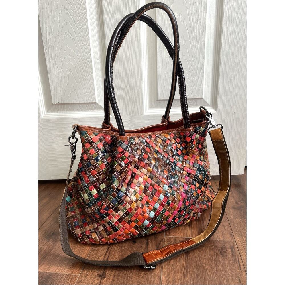 AMERILEATHER Linwood Multicolor Woven Leather Hippie Boho Tote Purse Bag